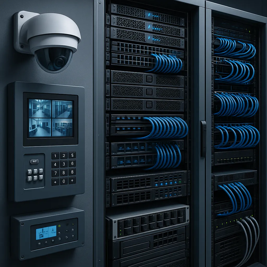 Equipamentos tecnológicos avançados incluindo servidores, equipamentos de rede e sistemas de segurança em datacenter moderno